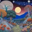 Placeholder: Colourful, peaceful, Max Ernst, Gustav Klimt, night sky filled with galaxies and stars, trees, rocks, giant flowers, one-line drawing, sharp focus, 8k, 3d