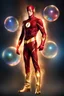 Placeholder: Grant Gustin as The Flash with gold boots - 3D bubbles, 3D hearts, multicolored lightning, aurora borealis, UFOs, Devil's Tower, fireflies, professional quality digital photograph, happy time