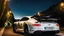 Placeholder: A sleek white shiny (((bentley x porsche))), (((cinematic view))), zipping along a winding road under a beautiful blue black night sky