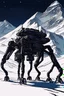 Placeholder: a minimalist silhouette of a sleek mechanical walker with eight legs scaling a very steep snow covered side of mout everest at night, it has a smooth surface, it has storage pods on its belly and humans can fit in the pods