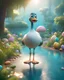 Placeholder: Easter holidays, Pixar art style cute smiling goose with big eyes, wearing Jordans, in the Garden of Eden, stylized vegetation, turquoise water ground view, fog, super detailed, digital art, art station trends, cinematic lighting, Unreal Engine 5 Rendering, Octane Rendering