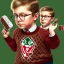 Placeholder: peter billingsley chubby kid with glasses, holding a ((Dark red))soap bar, ((brown))argyle sweater