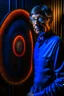 Placeholder: portrait of bill gates holding a dna patent in the style of giger, spray paint, photo realism, trending on art station, 8k, depth of field, down light, light rays, volumetric, reflective spiral staircase, blue, brown and orange