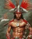 Placeholder: Guaicaipuro, native american god, 30 years old, Muscular warrior, red feathers headdress, shirtless, fearce look