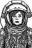 Placeholder: smooth high contrast symmetrical black and white anime style line drawing of a cold war era female cosmonaut in a tight fitting sokol suit