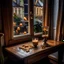 Placeholder: a table with a candle on it in front of a window, a jigsaw puzzle by Karl Stauffer-Bern, shutterstock contest winner, german romanticism, enchanting, whimsical, streetscape