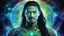 Placeholder: beautiful gorgeous young man na'vi with long hair, Avatar, blue skin, two small ears, green eyes, black hair, in cosmic suit, galactic ambiance, medium pointy goatee , smiling, nebulas and sacred geometry light figures on the backgroud,