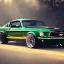 Placeholder: 1968 gloss black ford mustang fastback in heavy fog under a bright light