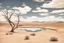 Placeholder: clouds, arid land, distant mountains, dry trees, pond