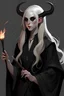 Placeholder: Young adult female tiefling with white long hair warlock wearing a black robe holding a staff and smoking