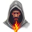 Placeholder: Portrait of warrior man with hoodie in bold eyes in a white background with glowing fire broke effect illustration