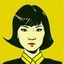 Placeholder: Illustration of a 40 year old Japanese woman with with black hair, frontview, yellow background