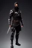 Placeholder: muscular ninja assassin, athletic build, wearing black and gray baggy pants with pockets, black hood and black balaclava mask, big boots, buckles, straps, daggers, dark hazel eyes, eyes are both in proportion and green, 3/4 look, standing, dark cobblestone alley, candle light behind head, intense, non photorealistic rendering in the art style of j.scott campbell