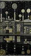Placeholder: A dark gray factory with bombs designed in ancient Greek mosaics painted by Edvard Munch