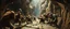Placeholder: pin hole cam, master oil painting by Rembrandt, realistic rendering wild battle on underground bridge, dwarves wielding pickaxes, orcs and mountain trolls, bugbears