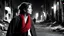 Placeholder: black and white with bright color details, teenage Sophie Marceau walking alone in a ruined modern city street, facing viewer, wearing a long thin red scarf blowing in the wind, hair tied in ponytail, at night, ultra-sharp,