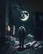 Placeholder: A man and garbage and a night moon