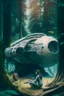 Placeholder: spaceship in a forest clearing with a woman kneeling under it fixing something