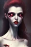 Placeholder: Dracula Vampire girl, cute, beautiful, white eyes, red lips, black hair, vampire tooth with bangs, goth, close up portrait by Greg Rutkowski