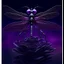 Placeholder: close up portrait from a robotic biomechanical dragonfly with tiny neon lights perches on a biomechanical flower, set against a backdrop of a blurred tiny made metallic crescent moon in a dark purple-black sky. perfect dragonfly body, Both the dragonfly and flower are silhouetted against a pale crescent moon. The overall tone is dark, distopic, dreamlike imagery atmosphere, ethereal silver abstractions, background quantum wavetracing, pale World Wide Web pale thin threads patterns, sci-fi moo