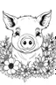 Placeholder: portrait of cute pig and background fill with flowers on white paper with black outline only