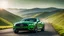 Placeholder: Cross between Ford mustang and bentley, on a road of green hills in morning, rear view