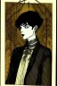 Placeholder: 17 year old boy, pig-like facial features, dressed in noble clothes, friendly, with upturned nose, fanged lower jaw , in the style of Harry Clarke