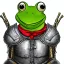 Placeholder: Portrait of a frog in a fantasy world sitting on a throne upright while wearing a suit of armor.