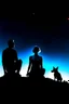 Placeholder: black background on a mountaintop and three silhouettes of a fit man, a silhouette of a fit woman, and silhouette of a Belgian malinois sitting next to the men and the woman looking at the stars