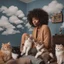 Placeholder: Portrait of black woman with curly hair sitting in room full of clouds and fluffy kittens