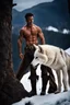 Placeholder: Handsome and muscular 30 year old shirtless mountain man standing next to a white wolf, dark fantasy, snow capped mountains