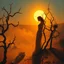 Placeholder: A dramatic surreal painting of a dusty desert mesa at twilight. A mysterious feminine figure emerges from the shadow of twisted creosote branches, her form entwined with thorny vines climbing slowly toward a blazing, boiling sun. Her skin is ethereal and dangerous; as a hand reaches to touch her, blood drips from the fingers. The atmosphere is haunting, poetic, and mythological. Use a painterly, cinematic style, with golden oranges, deep reds, dusty browns, and shimmering highlights. --v 7 --sty