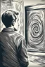 Placeholder: person watching a poster 60s art drawing style