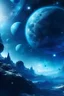 Placeholder: A3 format spray paint planets with nebula in the background all in blue tint. Add some ancient spaceships