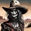 Placeholder: highly detailed concept illustration of an alternate reality undead Wild West female anti heroine wanderer in the desert Southwest , maximalist, sharp focus, finely detailed facial features, highest resolution, in the styles of Alex Pardee, Denis Forkas , and Masahiro Ito, boldly inked, 8k, coarse, gritty textures