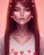 Placeholder: girl, happy, closed mouth smile, surrounded by hearts, brown hair, long hair, brown eyes, close up portrait, pink top