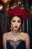 Placeholder: full length, young woman Portrait, detailed eyes, with spectacular red lips, Eyeliner "beautiful eye" with clear eyebrows, dress with a narrow waist, modest jewelry with subtle eyeliner, centered, symmetry, intricate, volumetric lighting, beautiful, rich deep colors masterpiece, sharp focus, ultra detailed, 8K, dslr, no crop, grand ballroom background, normal eyes