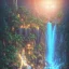 Placeholder: turquoise neon waterfall with palm trees sparkling at night in a cave detailed realistic glowing