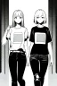 Placeholder: two girls dressed in jeans and a T-shirt walk in the city, line arts, greyscale