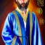 Placeholder: portrait painting of a wizard, ultra highly detailed, intricate details, shiny, sky blue eyes, pipe smoke, metallic, robes, embroidery, runes