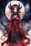 Placeholder: Demon girl wizard behind, horror, nightmare, galaxy in eyes, fullbody, watercolor illustration by <Katsushika Hokusai>, darkred tones,