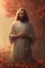 Placeholder: Jesus portrait at dawn by atey ghailan, golden light , white robe, holding leaves and flowers , angels background, volumetric light, high detail, red leaf tree, mountains in background, perfect