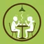 Placeholder: A circular logo for a cafe in a beautiful green color, with two people sitting at a table for two, their heads shaped like coffee cups, drinking coffee, and the cafe light above the table is on.