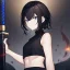 Placeholder: Clear focus,High resolution, black short fluffy hair, long fluffy bangs, and dark blue eyes, Depressed girl, wearing a black short shirt with a black sleeveless crop top, dark aura, controlling water, in a black room, holding a katana