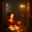 Placeholder: child reading and gathering knowledge in an old room with only candle light, high detail, medieval, steam punk