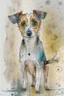 Placeholder: Abstract wet watercolour of a rough coated jack Russell, ink lines, interlinked circles, detailed,focus on eyes, watercolour paper