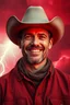 Placeholder: A cowboy smiling portrait with a red light reflecting in their cybernetenhancements.red background all are red cloudy stormy with thunder in the background with be ey