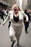 Placeholder: an obese terrified blonde white woman crying and sobbing in a pant suit desperately running away from an angry mob of thousands of black people chase her down a city street