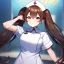 Placeholder: Clear focus, High resolution, Rough line, cute, anime style, big eyes, red eyes, sparkling eyes, brown hair, red eyes, thick eyelashes, wearing a nurse outfit, long twin tails, long locks