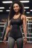 Placeholder: Craft an 8K photorealistic masterpiece of a 18-37 years old female Instagram influencer with curly black hair in gym attire. Approach it in a selfie perspective using softbox lighting, detailed skin and hair, a bokeh background, and depth of field in a closeup shot style. Retain realism in eyes and face with natural skin texture, high contrast and resolution mirroring 35mm film camera quality. Avoid watermarks, text, low resolution, bad anatomy, and blurry focus.